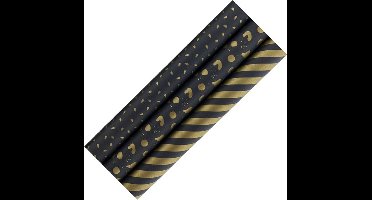 ZWARTE PAREL assortiment 100% Recycled 70 Gr/m2 cadeaupapier inpakpapier met goudkleurig design - 70 cm x 2 meter - 3 rollen