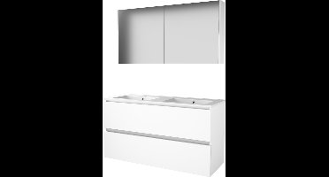 Basic Comfort 46 badmeubelset met spiegelkast, greeploze wastafelonderkast, 2 lades en porseleinen wastafel met 2 kraangaten 120 x 46 cm, ice white