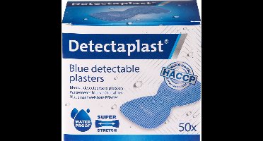 Detectaplast blauwe wondpleisters waterproof - metaaldetecteerbare, waterdichte en vuilwerende pleisters sensitive, voor de voedingsindustrie, catering en grootkeuken, 68 x 38 mm, 50 stuks
