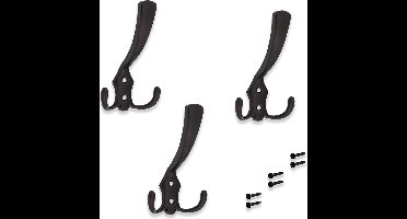 Kapstokhaak SJAAK - met 3 haken - set à 3 stuks - mat zwart - wandkapstok - jashaak - kledinghaak - groot