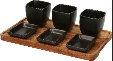 Excellent Houseware Serveerplank met 3 hapjes/saus/tapas schaaltjes - hout - 25 x 16 cm