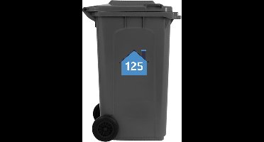 Containerstickers Huisnummer "125" - 25x21,5cm - Blauw Huis met Wit Nummer- Set van 4 dezelfde Vinyl Stickers - Klikostickers