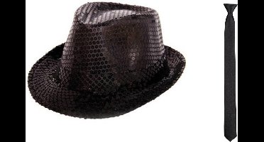 Boland - Verkleedkleding set - Glitter hoed/stropdas zwart volwassenen