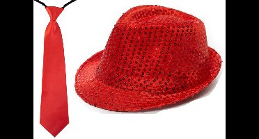 Folat Glitter and Glamour Verkleedkleding setje - Glitter hoedje / stropdas - rood - voor dames en heren