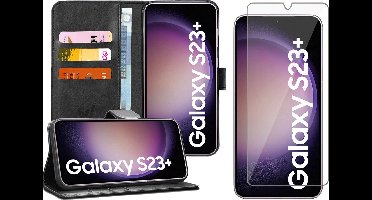 Hoesje geschikt voor Samsung Galaxy S23 Plus - Screen Protector GlassGuard - Book Case Kunstleer Pasjeshouder Zwart & Screenprotector