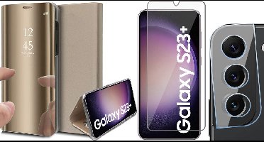 Hoesje geschikt voor Samsung Galaxy S23 Plus - Screenprotector GlassGuard & Camera Lens Screen Protector - Book Case Spiegel Goud