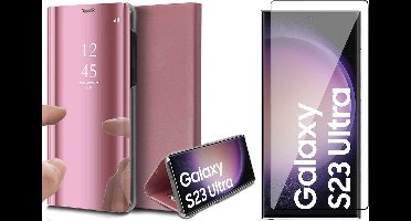 Hoesje geschikt voor Samsung Galaxy S23 Ultra - Screen Protector FullGuard - Book Case Spiegel Roségoud & Screenprotector