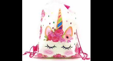 Gymtas Eenhoorn wit - Stoffen Tas Eenhoorn - Rugzak - Unicorn - 35 cm x 28 cm