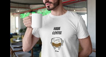 Shirt - Have coffee with me - Wurban Wear | Grappig shirt | Koffie | Unisex tshirt | Koffiezetapparaat | Koffiebonen | Wit, Zwart & Licht blauw