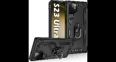 Hoesje Geschikt Voor Samsung Galaxy S23 Ultra hoesje Hybrid Armor Anti-Shock hoesje Zwart - Galaxy S23 Ultra Hoesje kickstand Ring houder cover TPU backcover hoesje