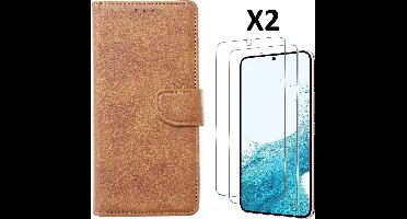 Hoesje Geschikt Voor Samsung Galaxy S23 Hoesje met Pasjeshouder - bookcase – Met 2x Screenprotector / gehard glas – Bruin
