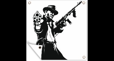 Tuin poster Illustratie van een maffialid met twee wapens in zwart-wit - 200x200 cm - Tuindoek - Buitenposter