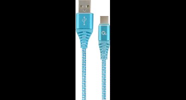 Premium USB Type-C laad- & datakabel 'katoen', 1 m, turquoise/wit