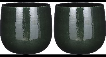 2x stuks mica decorations plantenpot - keramiek - donkergroen glans/spotted- d24xh22 cm - bloempot