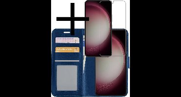 Hoesje - Met Screenprotector - Geschikt voor Samsung Galaxy S23 Plus - Luxe Pasjeshouder - Bookcase Portemonee - Flip Case - Kunstleer Book Case - Flipcase - Book Cover - Walletcase - Portemonneehoes - Donkerblauw