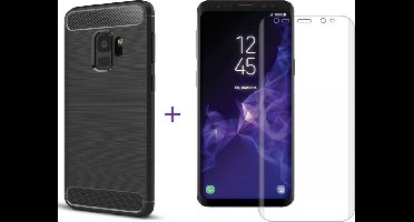 Hoesje geschikt voor Samsung Galaxy S9 - Siliconen Rugged Armor / Geborsteld TPU Zwart Premium Case (Black hoesje) + Glas PET Folie Screen Protector Transparant 0.2mm