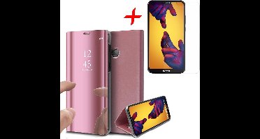 Hoesje geschikt voor Huawei P20 Lite - Screen Protector GlassGuard - Book Case Spiegel Roségoud & Screenprotector