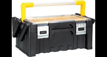 Perel Gereedschapsorganizer, polypropyleen, 2 niveaus, met aluminium handgreep, uitschuifsysteem, kantelbeveiliging, 12 inzetbakjes, metalen sluitingen, zwart/geel, 455 x 240 x 200 mm