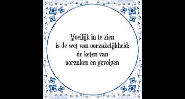 Tegeltje met Spreuk (Tegeltjeswijsheid): Moeilijk in te zien is de wet van oorzakelijkheid; de keten van oorzaken en gevolgen + Kado verpakking & Plakhanger