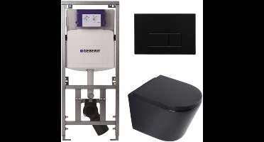 QeramiQ Dely Toiletset - 36.3x51.7cm - diepspoel - rimless - Geberit UP320 inbouwreservoir - softclose toilet zitting 35 mm - kunstof mat zwarte bedieningsplaat - rechthoekige knoppen - mat zwart