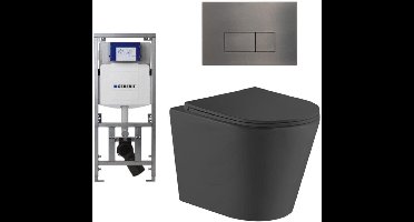 QeramiQ Dely Toiletset - 36.3x51.7cm - diepspoel - rimless - Geberit UP320 inbouwreservoir - met Burda frame - softclose toiletzitting - gunmetal bedieningsplaat - rechtehoekige knoppen - zwart mat