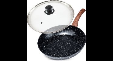 Koekenpan Graniet met Glazen Deksel BLACK&WOOD 28 cm - Multifunctionele Pan voor Vlees - Groenten