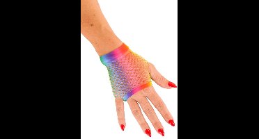 1x Paar Nethandschoen kort vingerloos Regenboog - Carnaval Feest Verkleden Party Fluor Kleur