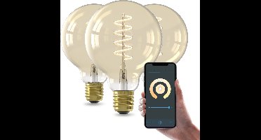 Calex Slimme LED Lamp - Set van 3 stuks - E27 - Spiraal Filament Gold G95 - Wifi Verlichting - Globe 9cm - Smart Lichtbron Goud - 7W Dimbaar Warm Wit licht