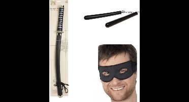 Ninja verkleed accessoires/wapens set - 3 delig - voor kinderen en volwassenen - kunststof - zwaard - vechtstokjes - masker