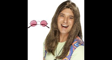 Smiffys Hippie Sixties verkleed set - Pruik lang haar bruin - bril ronde glazen roze - heren