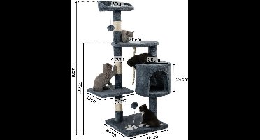 krabpaal - Kattenboom - met 2 pluche ballen & speeltouw - 112 cm - kleine & grote - grijs - comfortabele