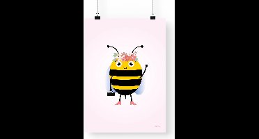 Artprint Queen Bee - Bij illustratie in A3 formaat - Poster bijenkoningin met bloemenkroon - Baby- en Kinderkamer