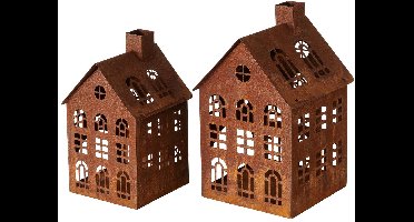 Boltze - Waxine Huisjes - Huisjes - Lantaarn huisjes - set van 2 - Metaal - Roest - 20 en 23cm hoog