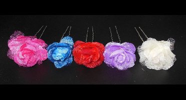 Haarpinnen roos glinsterend diverse kleuren set van 5 stuks.