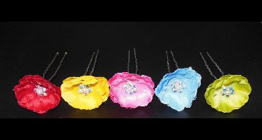 Haarpinnen bloem diverse kleuren met 5 strass punten + parel set van 5 stuks.