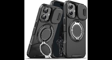 Hoesje Geschikt voor iPhone 16 Plus hoesje Zwart backcover met Met Draaibare Ring Houder en camera bescherming