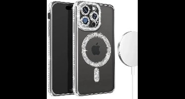 Hoesje met Diamantjes en Glitter Geschikt voor: iPhone 14 - MagSafe Glitter Hoesje - Zilver met Diamanten steentjes - Glamour Hoesje