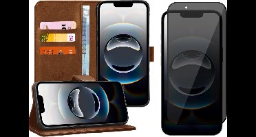Hoesje geschikt voor iPhone 16e - Privacy Screenprotector Volledig Dekkend Glas - Portemonnee Book Case Bruin