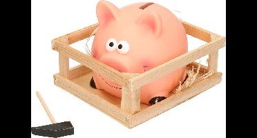 Spaarvarken met hamer in kistje - 14 x 12 cm - Keramiek - Spaarpot met hamertje