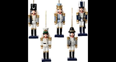 Decoris Grote notenkrakers kersthangers - 6x st- blauw/zilver - 28,5 cm - hout - kerstversiering
