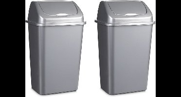 Plasticforte Afvalemmer - 2x stuks - 15 liter - zilver - met klep deksel - 28 x 22 x 47 cm - kunststof - prullenbak