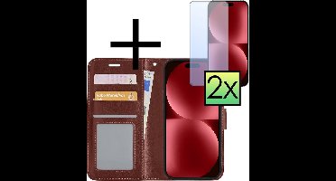 Hoesje - Met 2x Screenprotector - Geschikt voor Apple iPhone 15 Pro - Luxe Pasjeshouder - Bookcase Portemonee - Flip Case - Kunstleer Book Case - Flipcase Hoes - Book Cover - Walletcase - Portemonneehoes - Bruin