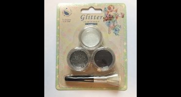 Glitterset met kwast en 3 kleuren glitter Zilver Zwart en Wit