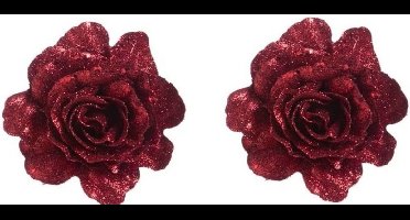 Rode roos met glitters op clip 10 cm - kerstversiering