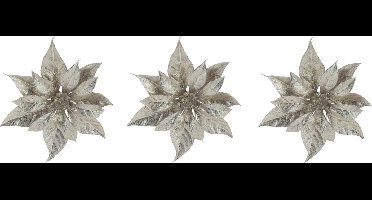 6x stuks decoratie bloemen kerststerren champagne glitter op clip 18 cm - Decoratiebloemen/kerstboomversiering