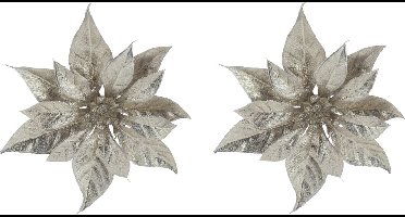 2x stuks decoratie bloemen kerststerren champagne glitter op clip 18 cm - Decoratiebloemen/kerstboomversiering