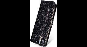 Hoesje geschikt voor Oppo A73 Glitter Bookcase met rits van LuxeBass - hoesje - portemonneehoesje - Zwart - telefoonhoes - gsm hoes - telefoonhoesjes