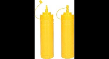 Plasticforte Doseerfles/sausfles - 2x stuks - kunststof - geel - met schenktuit - 500 ml - 23 cm