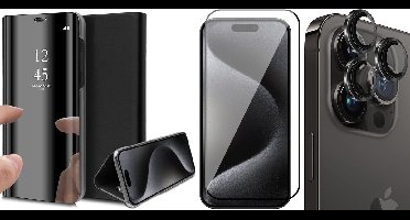 Hoesje geschikt voor iPhone 15 Pro Max - Screenprotector FullGuard & Camera Lens Screen Protector Zwart - Book Case Spiegel Zwart