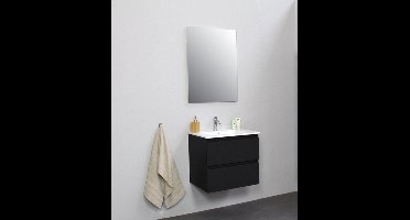 Basic Bella Badkamermeubelset - 60x55x46cm - 1 wasbak - Keramiek - Wit - 1 kraangat - Wandspiegel zonder verlichting - Melamine Zwart mat